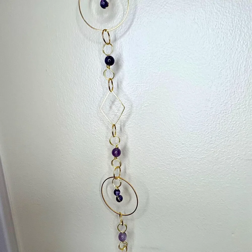 Raw Amethyst and Amethyst Bead Gemstone Wall Hanging Gold Filigree